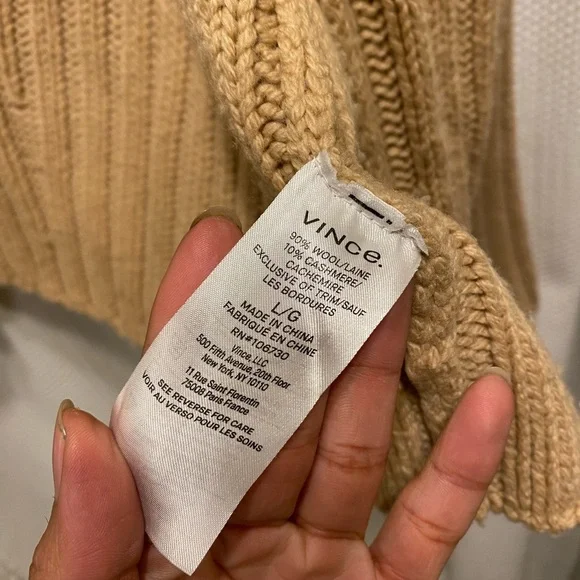 Vince Rib Transfer Wool Cashmere Zip Up Fisherman Sweater Chamois Beige L - Picture 8 of 10